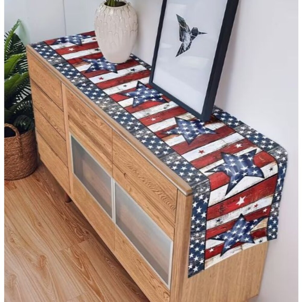 Patriotic Table Runner 13x72in Woven Polyester Red White & Blue Stars